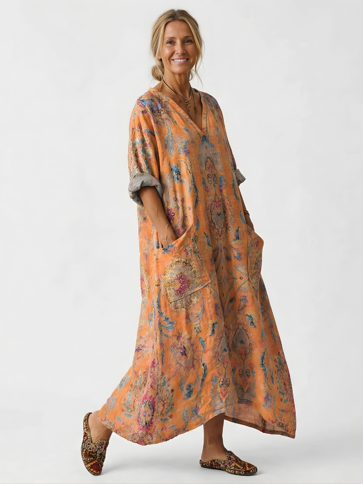 Women’s Linen Kaftan Boho Maxi Dress Floral Embroidered V Neck Relaxed Tunic