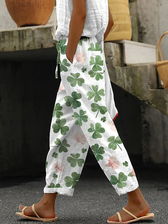 Women's Straight Leg Linen Look Trousers with Elastic Waistband