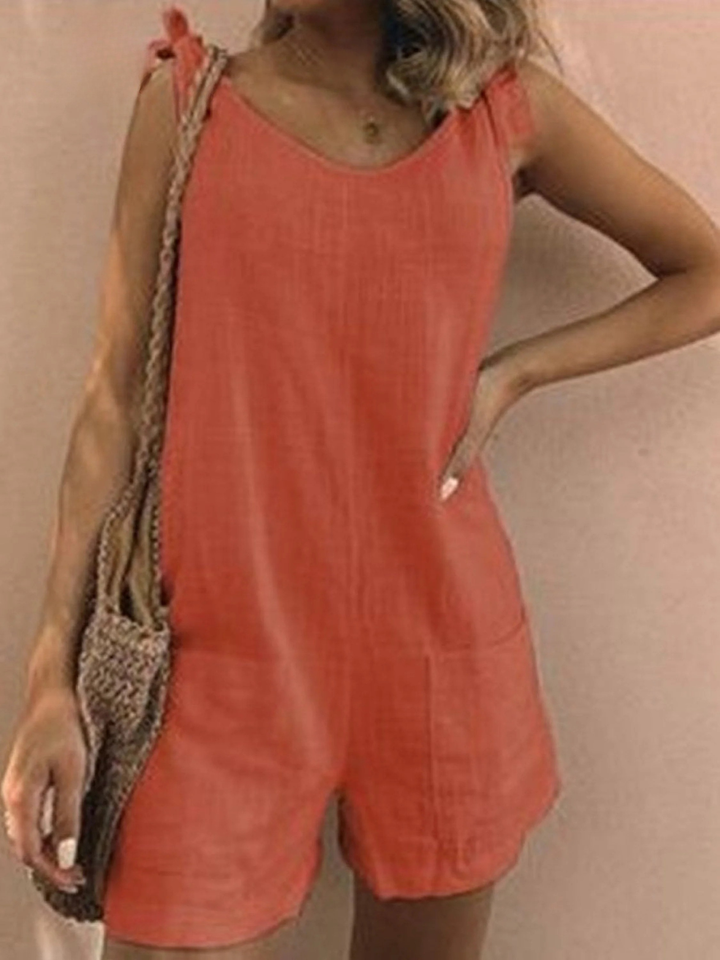 Women's Linen Sleeveless Romper V-Neck Overalls Jumpsuit