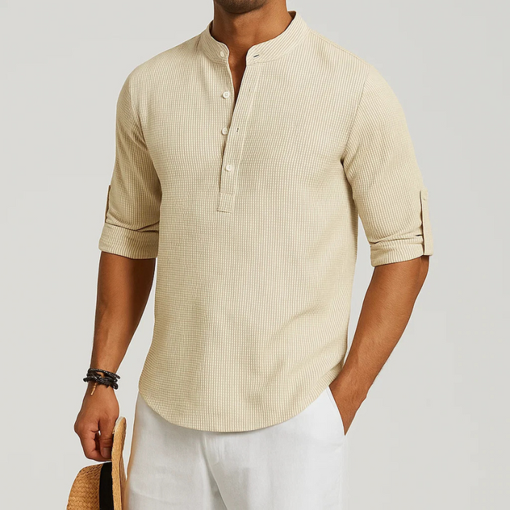 Men's Linen Henley Shirt Roll-Up Sleeve Casual Top