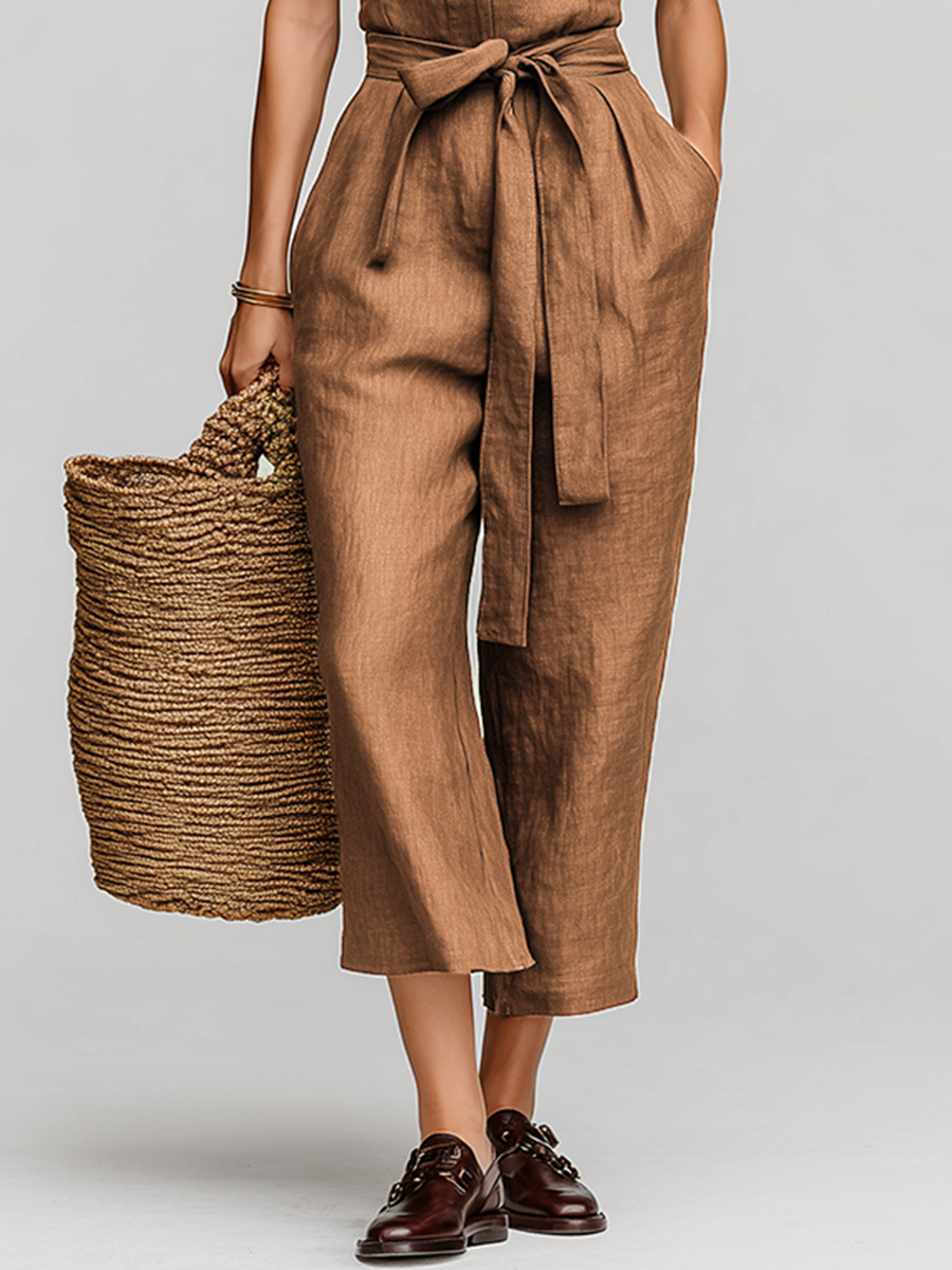 Women's Linen Belted Wide Leg Jumpsuit