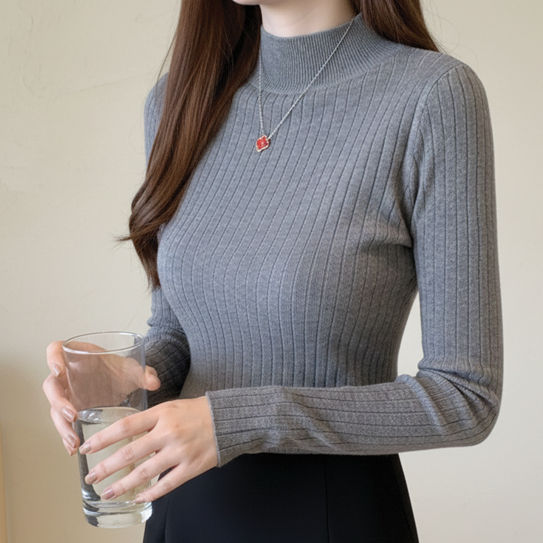 Women's Mock Neck Ribbed Knit Merino Wool Long Sleeve Jumper