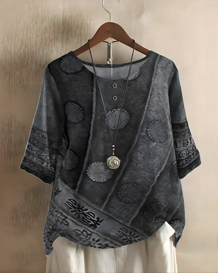 Damska lniana tunika w stylu vintage boho, drukowana bluzka