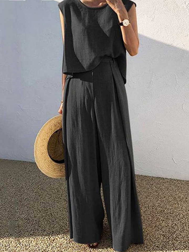 Linen Two Piece Set Women Wide Leg Trousers and Sleeveless Top