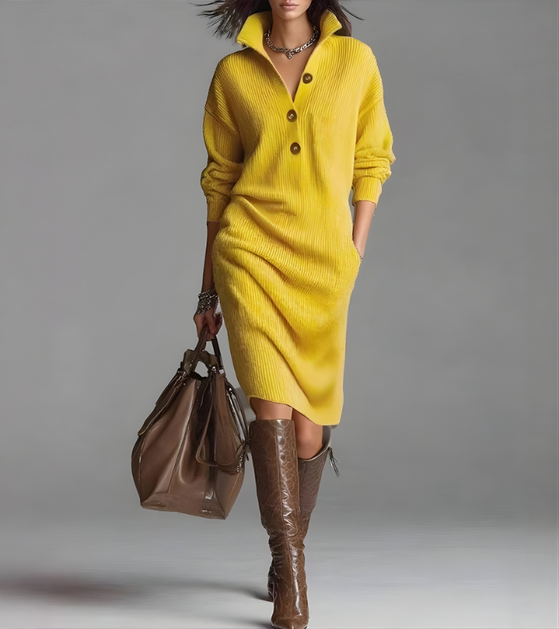 Women's Knit Long-Sleeve Button-Placket Polo Midi Dress