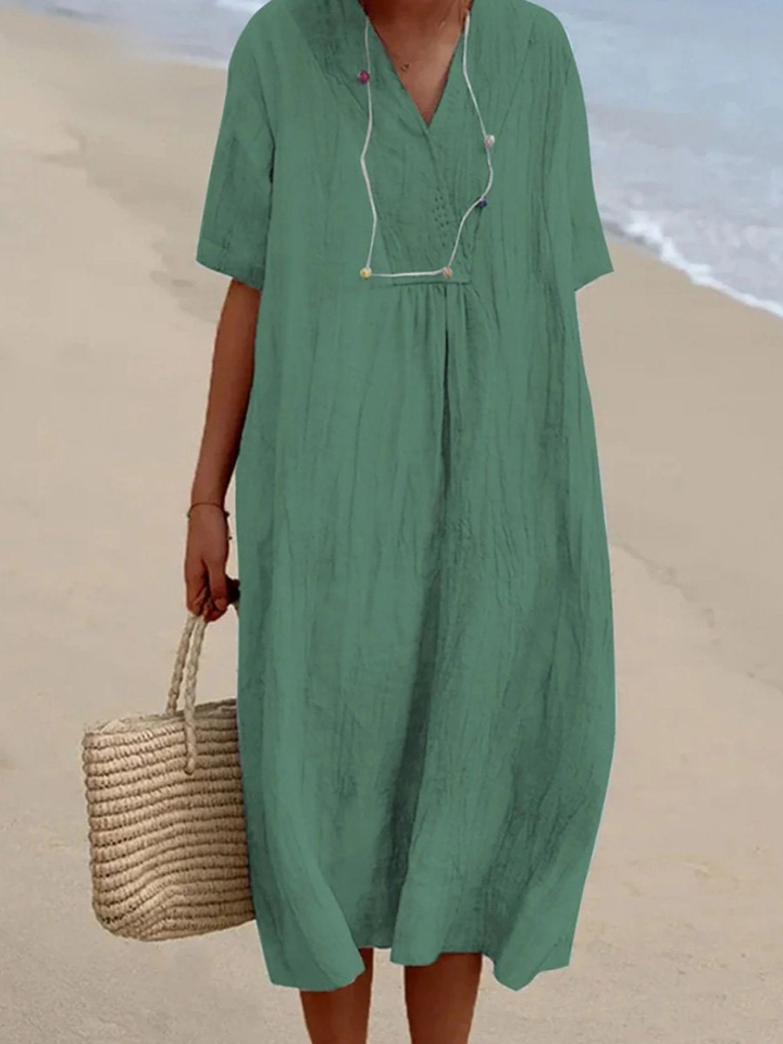 Women's V-Neck Linen Maxi Dress Loose Fit Kaftan Short Sleeve Tunic