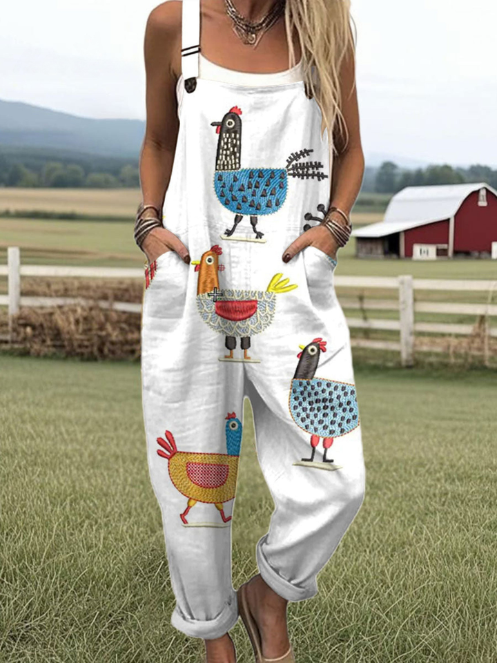 Women's Linen Blend Graphic Print Loose Fit Sleeveless Overalls Jumpsuit