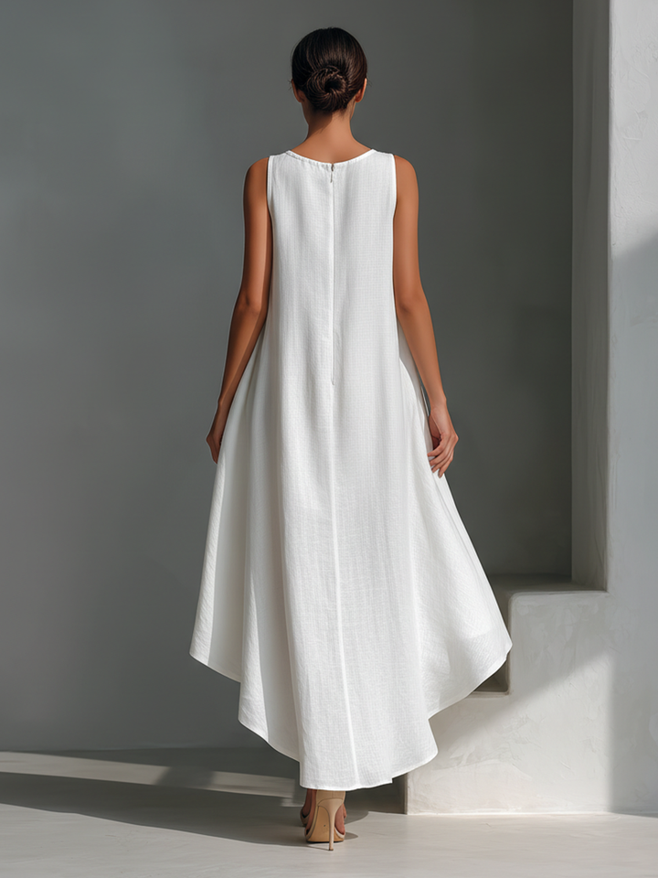 Women's Elegant Linen Sleeveless Round Neck High-Low Midi Dress