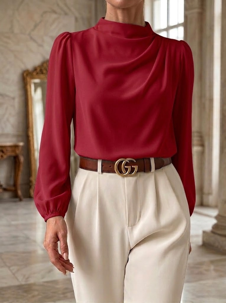 Women's Satin High Neck Blouse Long Sleeve Draped Silk Shirt