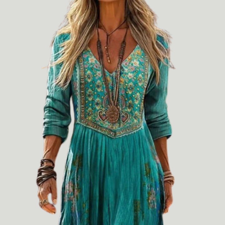 Women's Linen Boho V-Neck Long Sleeve Flowy A-Line Maxi Dress