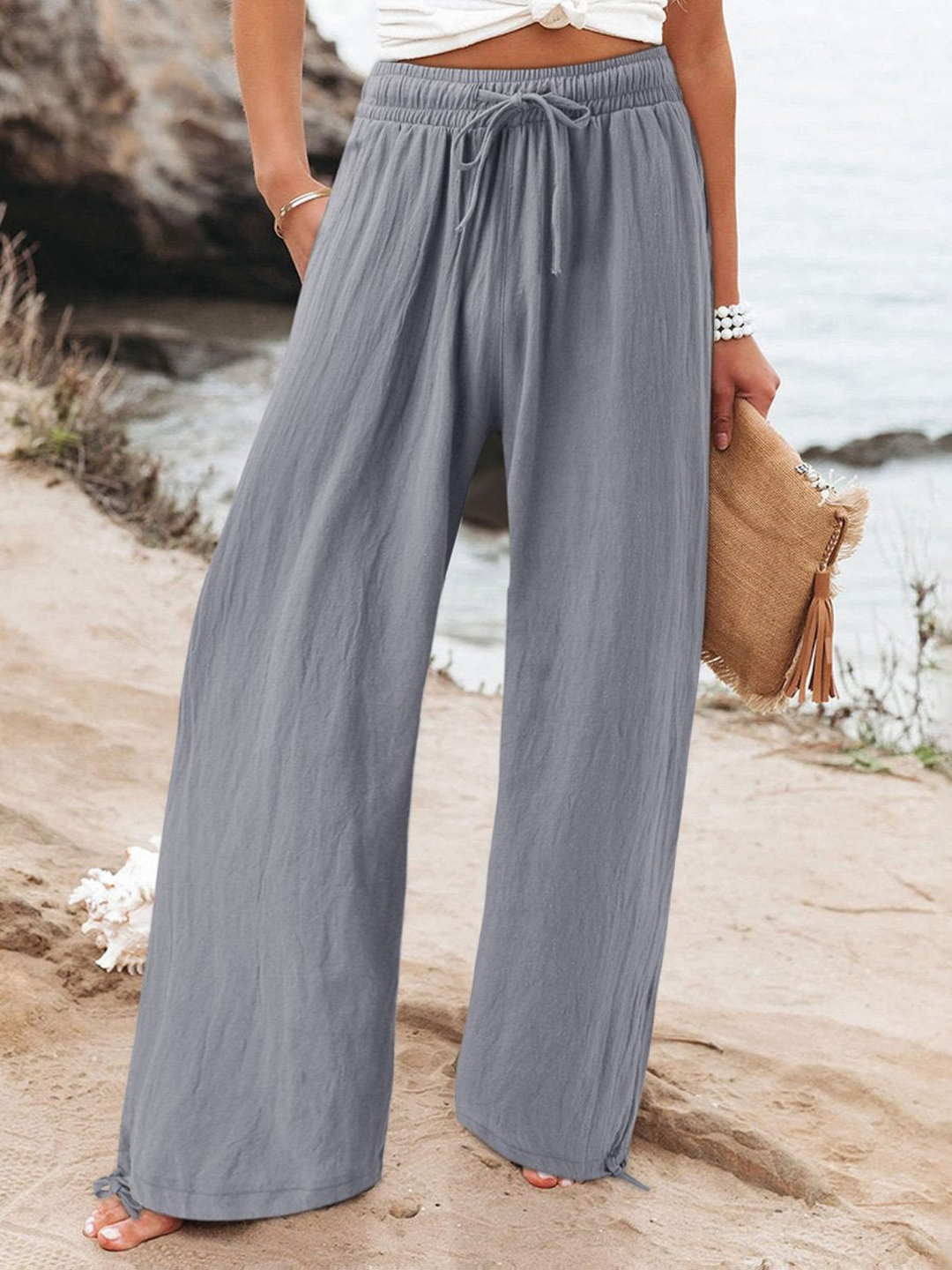 Women's Linen Wide Leg Trousers High Waisted Drawstring Pants