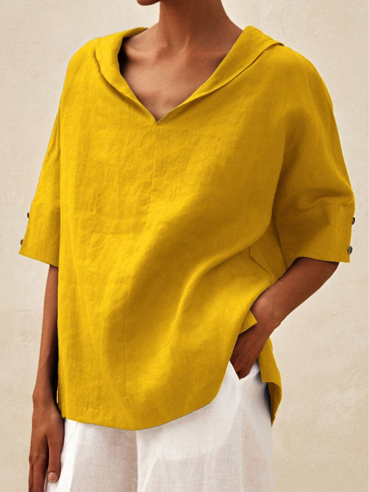 Women's Linen Blouse V-Neck Casual Loose Tunic Top