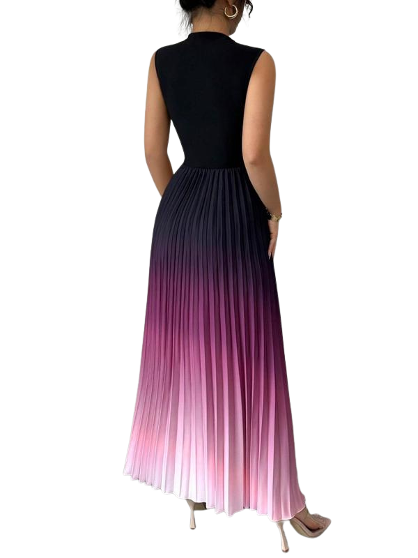 Women's Sleeveless Mock Neck Pleated Maxi Dress Ombre Formal Gown