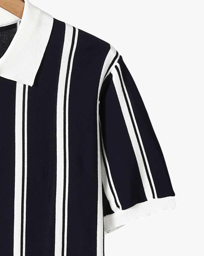 Men's Striped Knit Polo Shirt Quarter Zip Short Sleeve Top