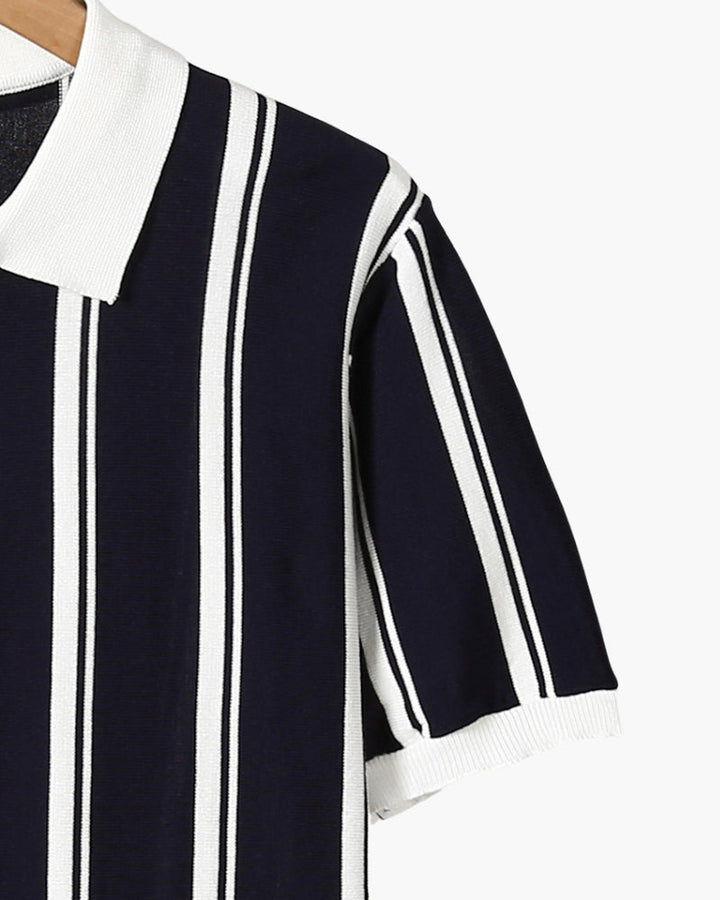 Men's Striped Knit Polo Shirt Quarter Zip Short Sleeve Top