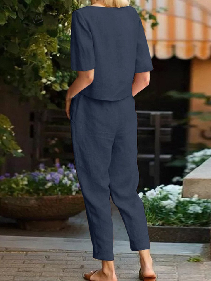 Women's Linen Two Piece Set Short Sleeve Top and Trousers Outfits