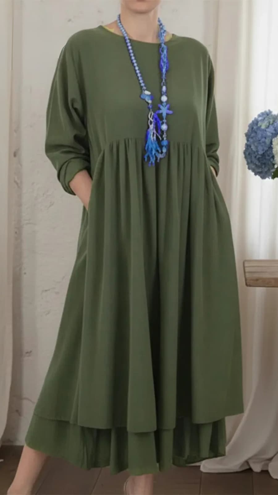 Women's Linen Crew-Neck Maxi Dress