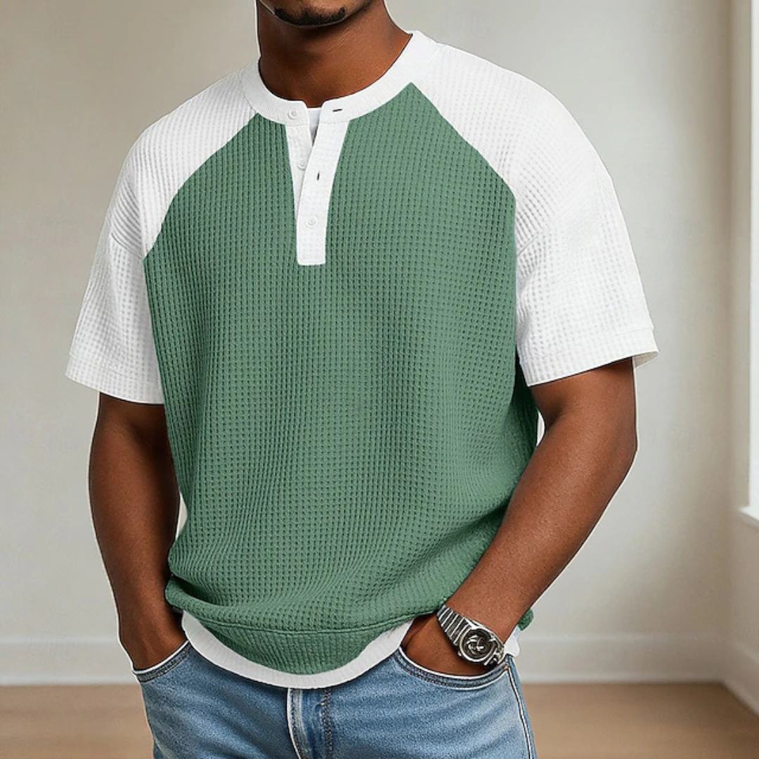 Men's Waffle Knit Short Sleeve Casual Henley Shirt Top