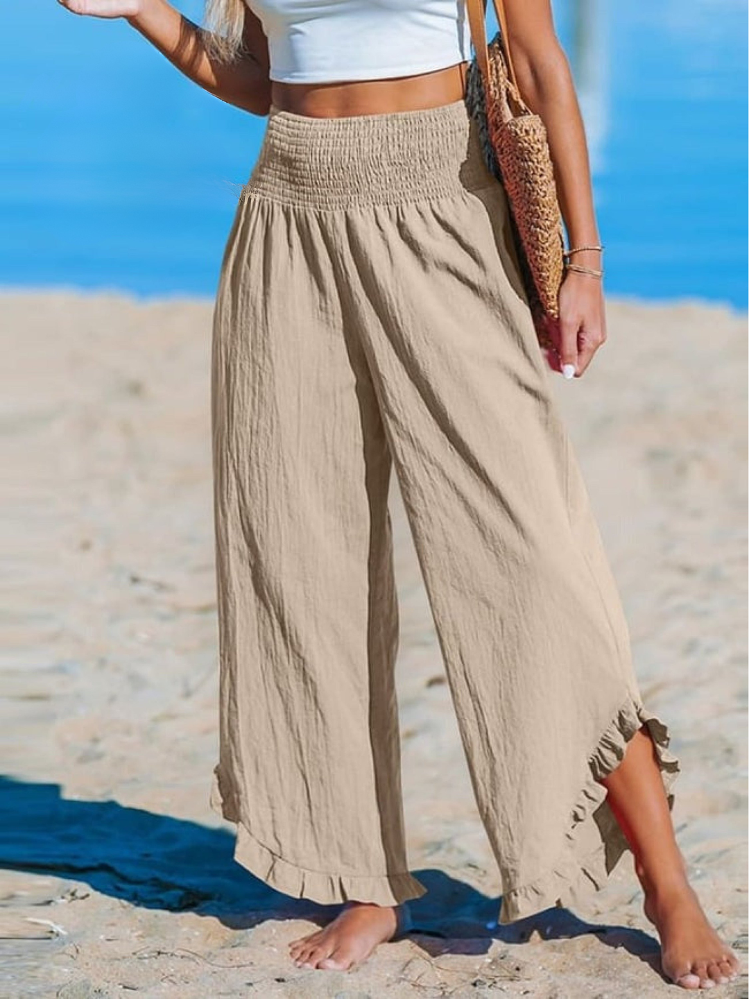 Women's Linen Ruffle Blouse and Wide Leg Trousers Pants