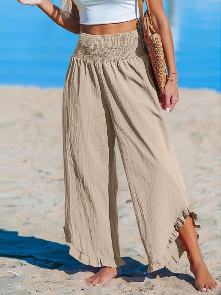 Women's Linen Ruffle Blouse and Wide Leg Trousers Pants