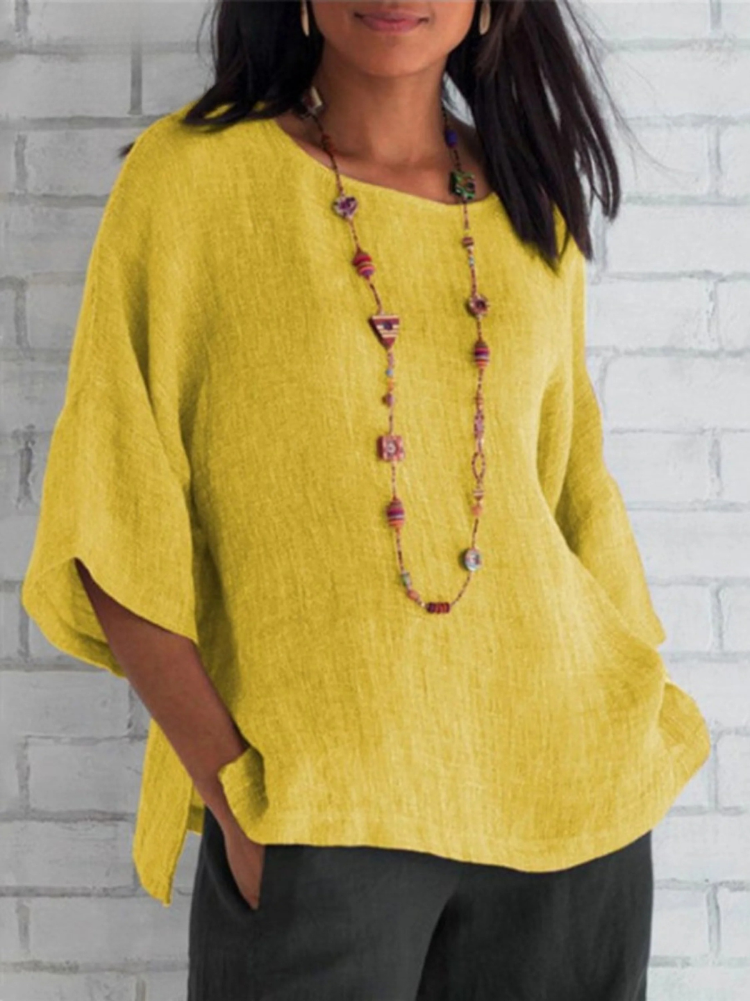 Women's Linen Knit Boat Neck Batwing Sleeve Loose Fit Tunic Top