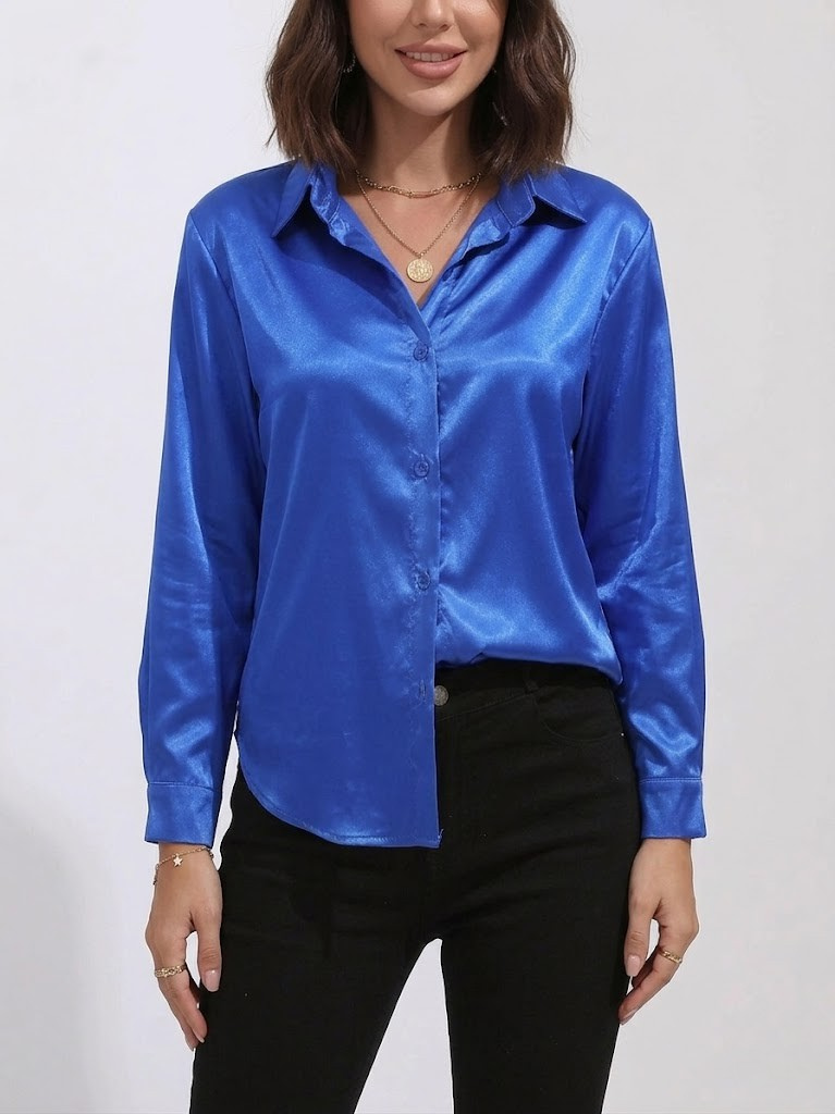 Women's Satin Long Sleeve Button Down Shirt Office Blouse