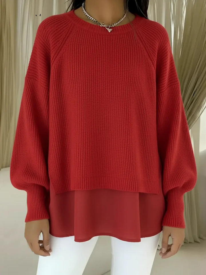 Women's Two-Piece Patchwork Knit Sweater Lantern Sleeve