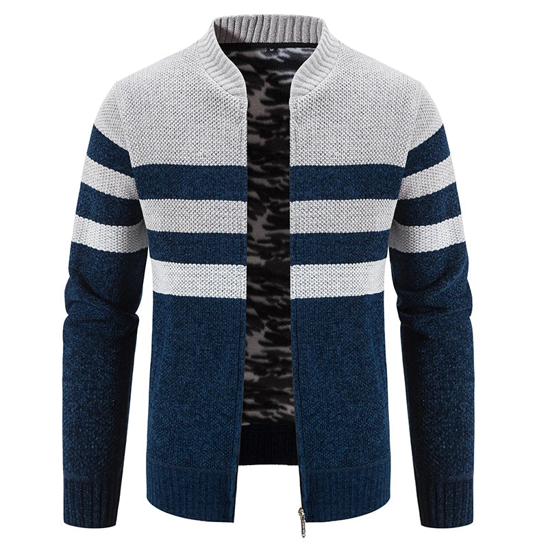 Men's Merino Wool Knit Cardigan Striped Zipper Sweater