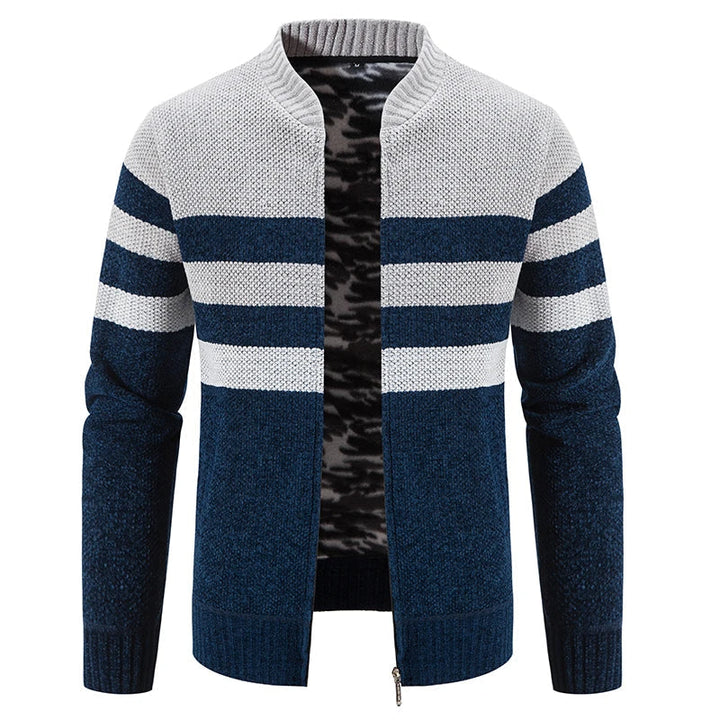 Men's Merino Wool Knit Cardigan Striped Zipper Sweater