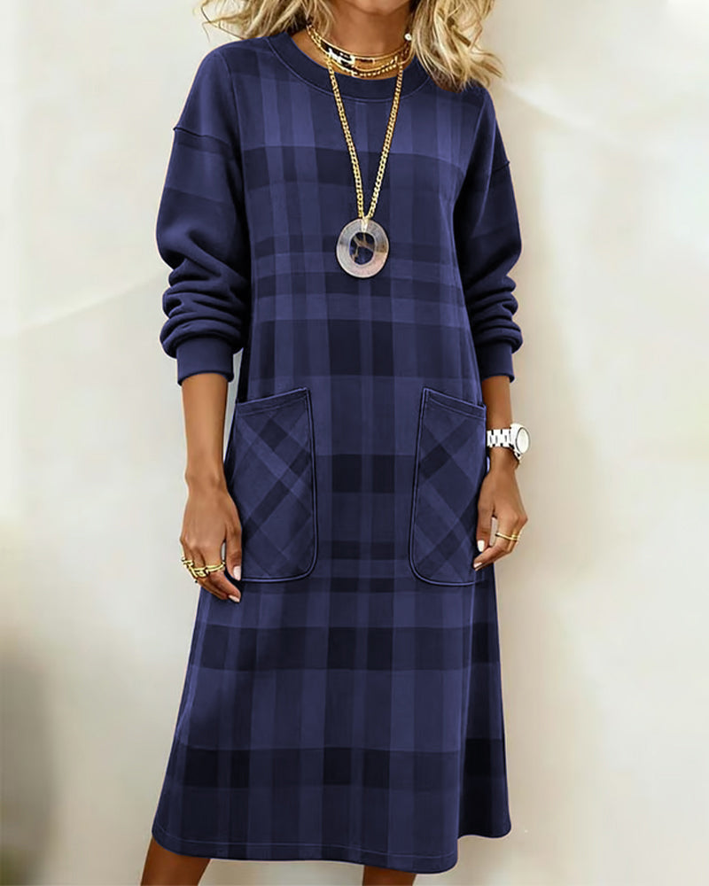 Women's Knit Round-Neck Plaid Shift Dress