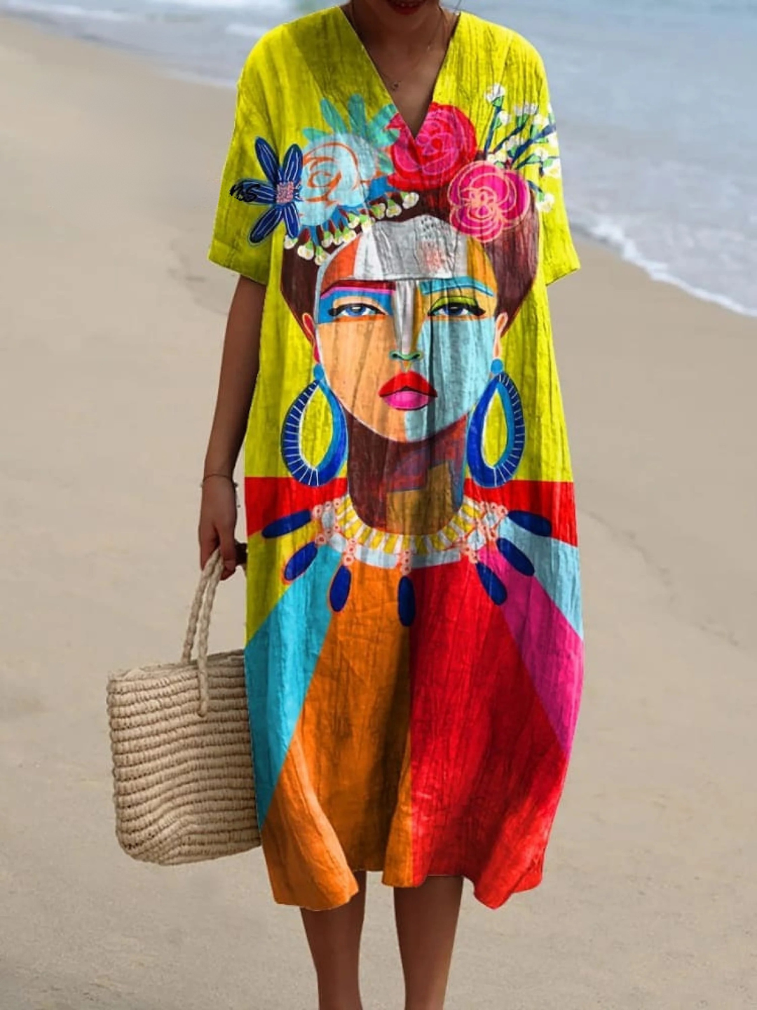 Women's Oil Painting Portrait Print Linen Shirt