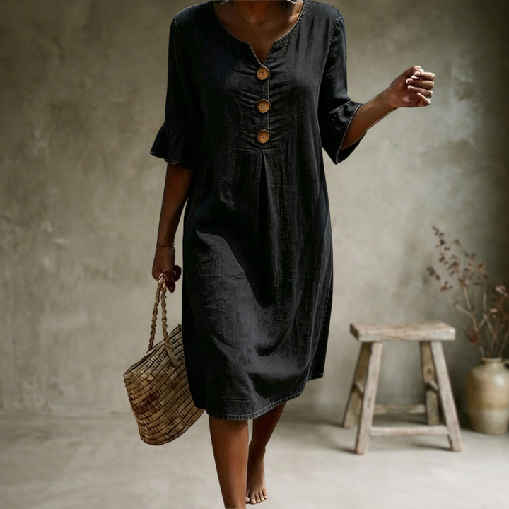 Linen V Neck Flute Sleeve Midi Dress for Women