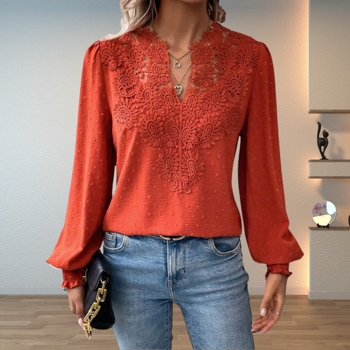 Women's Lace V-Neck Long Sleeve Chiffon Top