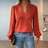 Women's Lace V-Neck Long Sleeve Chiffon Top