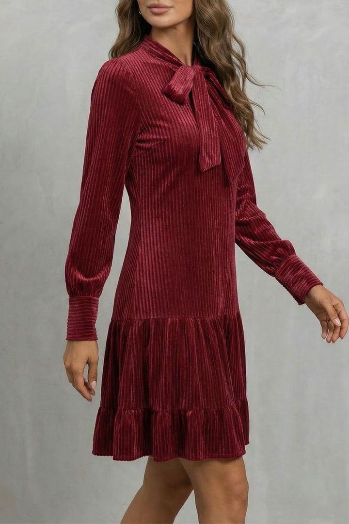Women’s Velvet Bow-Tie Neck Tiered Mini Dress