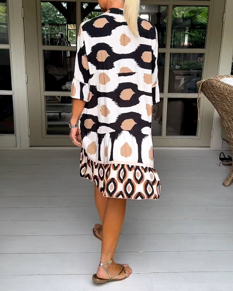 Women's Abstract Print V Neck Tiered Linen Shift Dress