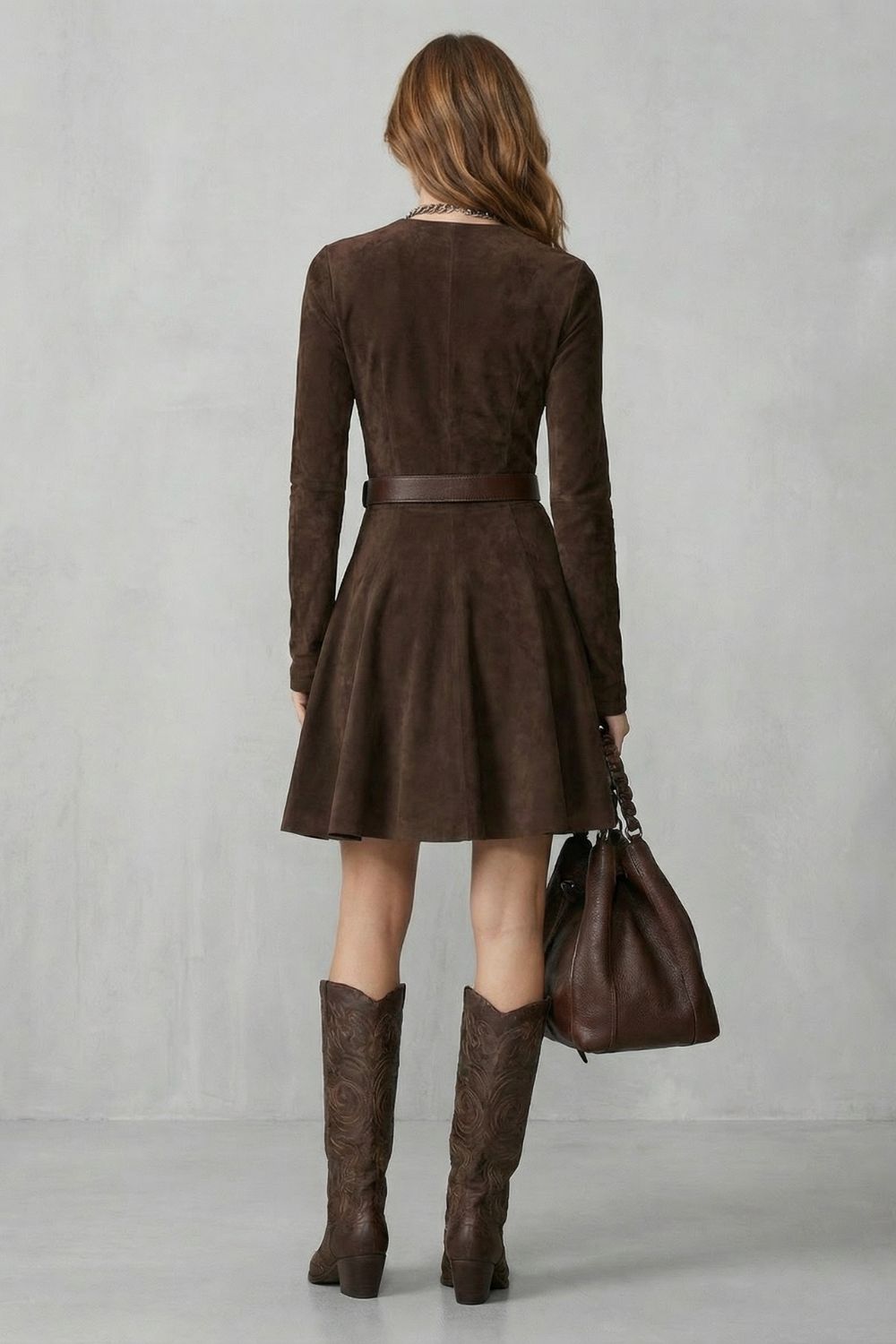 Women's Suede Skater Dress Long Sleeve A-Line