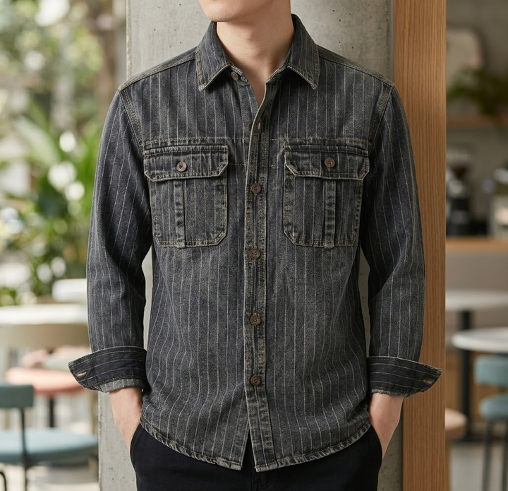 Men's Striped Denim Casual Button Down Shirt