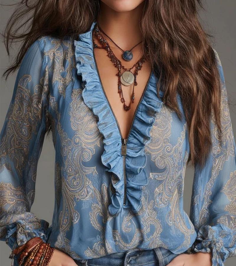 Women's V-Neck Ruffled Long Sleeve Chiffon Blouse