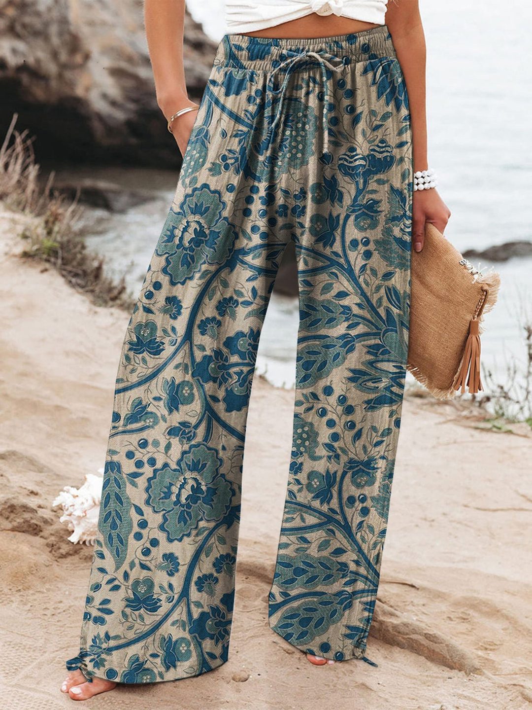 Women's Linen Wide Leg Trousers Floral Print High Waisted Palazzo Pants