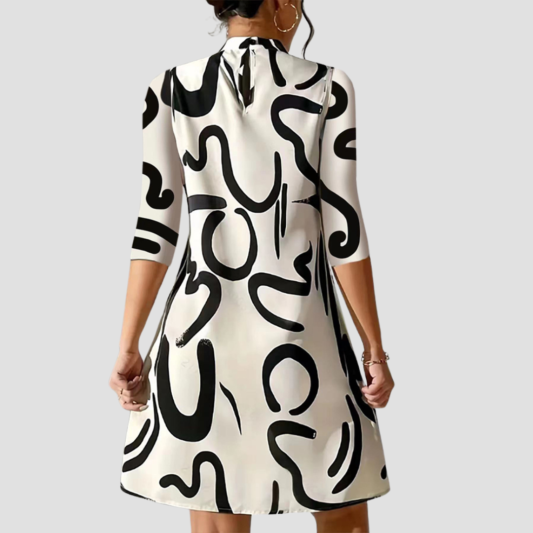 Women's Satin Dress Mock Neck Abstract Print 3/4 Sleeve Shift