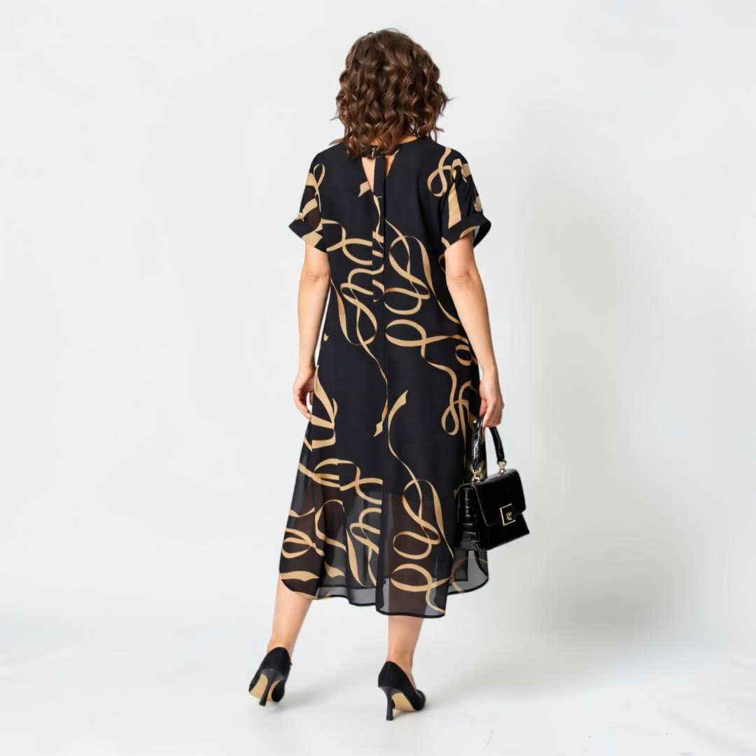 Women's Printed Chiffon Casual Short Sleeve V-Neck Midi Dress 