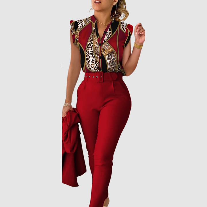 Women’s Linen Ruffle-Sleeve Top & Trousers Matching Set