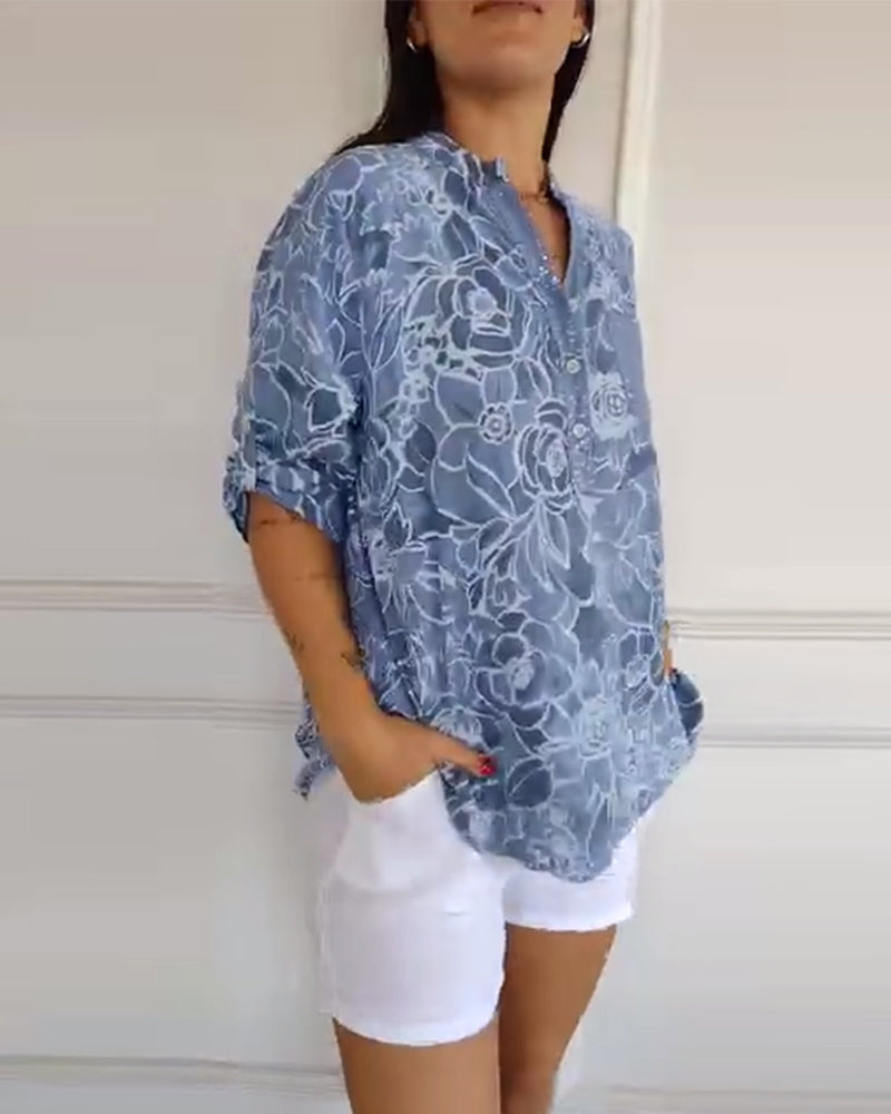 Γυναικεία λινή floral μπλούζα με πατιλέτα με κουμπιά και τσέπη με παγιέτες