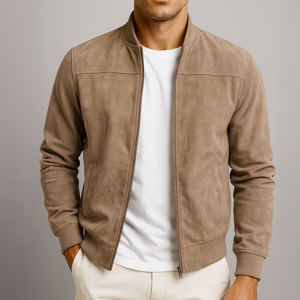 Men’s Suede Stand-Collar Full-Zip Bomber Jacket