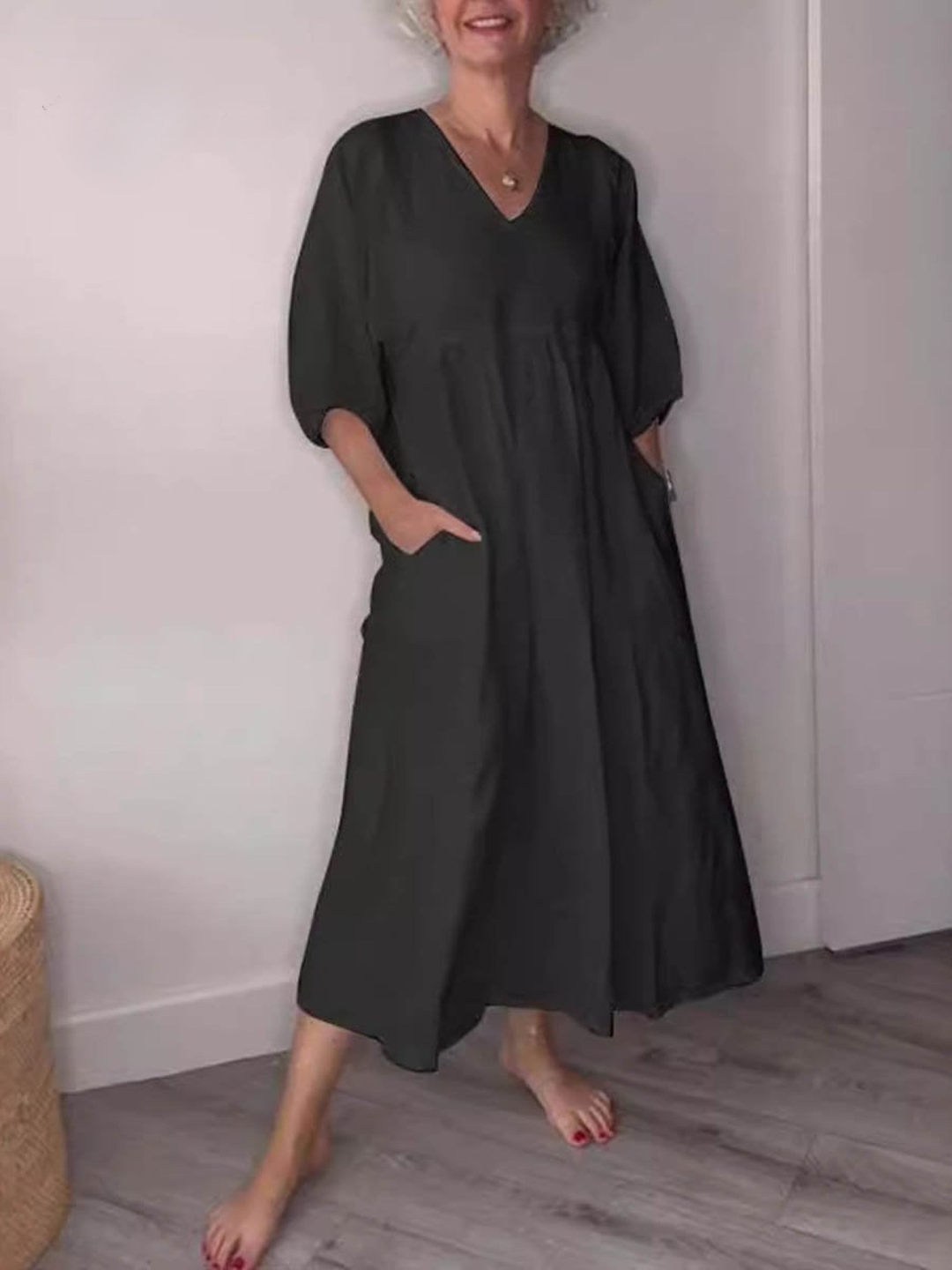 Women's V-Neck Linen Maxi Dress With Half Sleeves