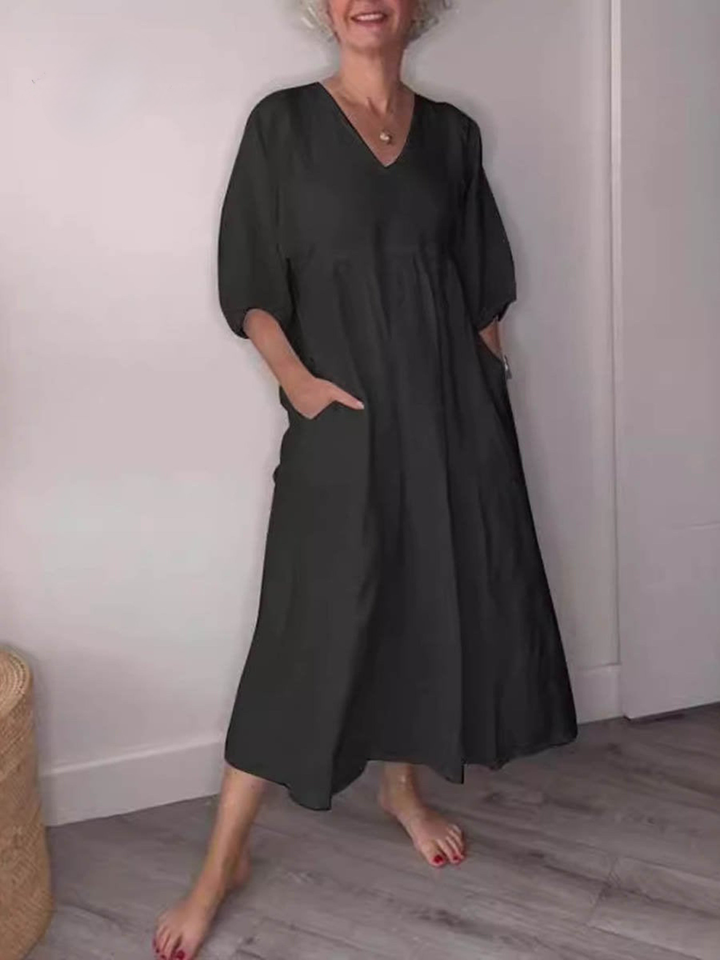 Women's V-Neck Linen Maxi Dress With Half Sleeves