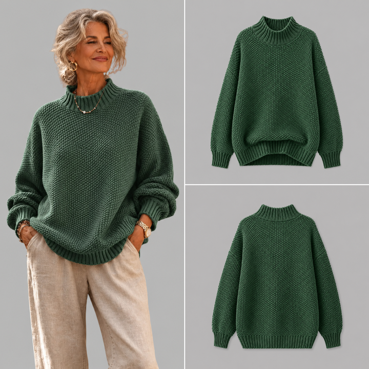 Γυναικείο πλεκτό oversized πουλόβερ με όρθιο γιακά και ασύμμετρο τελείωμα