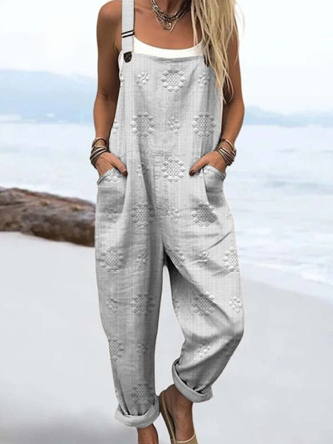 Women's Linen Dungarees Loose Fit Overalls Jumpsuit