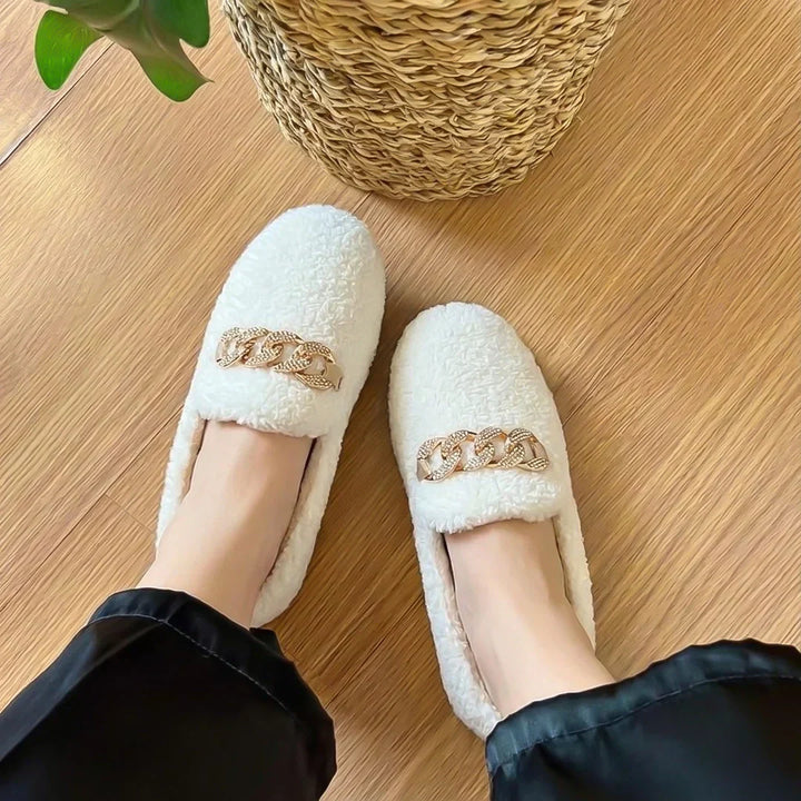 Women's Fleece Chain Loafer Slippers Flat House Shoes